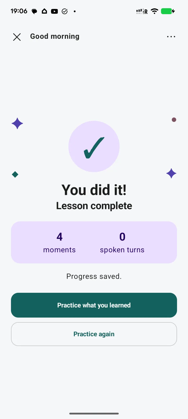 Sọfúnmi lesson completion screen